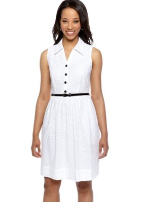 Robbie Bee Petite Sleeveless Eyelet Belted Shirt Dress