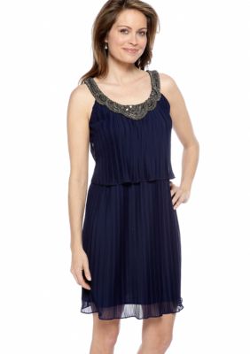 Donna Ricco New York Sleeveless Pleated Dress with Antique Beaded Necklace