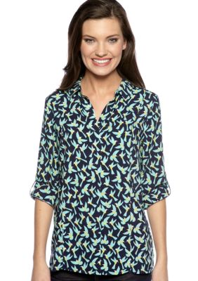 TWO by Vince Camuto Bird Print Button Down Top with Roll Tab Sleeves