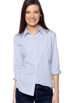 TWO by Vince Camuto Blue Stripe Western Top with Pyramid Studs