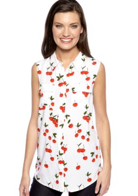 TWO by Vince Camuto Sleeveless Button Up Cherry Print Blouse