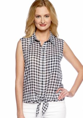 TWO by Vince Camuto Sleeveless Plaid Tie Waist Blouse