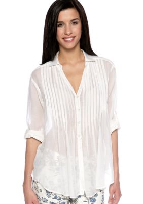 TWO by Vince Camuto Button Up Pintuck Blouse with Roll Tab Sleeves
