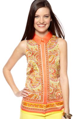 Vince Camuto Sleeveless Bordered Paisley Blouse with Collar