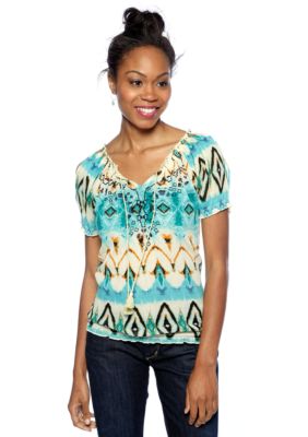 Jessica Simpson Scorpion Printed Embroidered Peasant Blouse