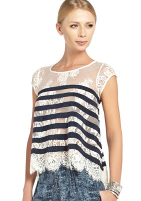 BCBGMAXAZRIA Stripe Lace Short Sleeve Blouse