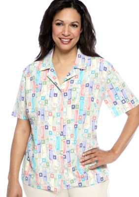 Alfred Dunner Plus Size Classics Tile Print Short Sleeve Blouse