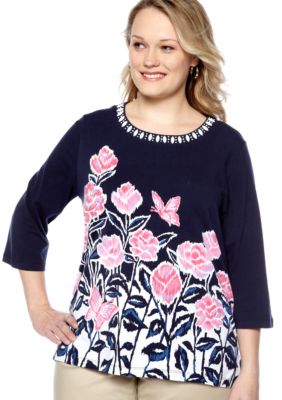Alfred Dunner Plus Size South Hampton Border Floral Knit Top