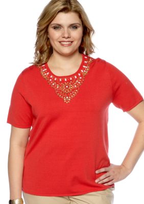 Alfred Dunner Plus Size Monaco Beaded Yoke Short Sleeve Sweater