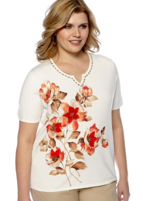 Alfred Dunner Plus Size Monaco Floral Short Sleeve Knit Sweater