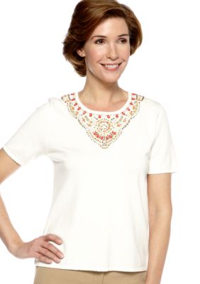 Alfred Dunner Petite Monaco Beaded Yoke Short Sleeve Sweater