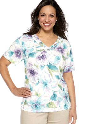 Alfred Dunner Plus Size Notting Hill Shimmer Floral Print Knit Top