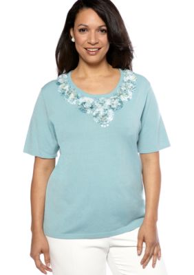 Alfred Dunner Plus Size Notting Hill Floral Yoke Sweater