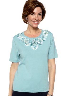 Alfred Dunner Petite Notting Hill Floral Yoke Sweater
