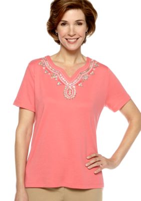 Alfred Dunner Santorini Short Sleeve Beaded Yoke Knit Top