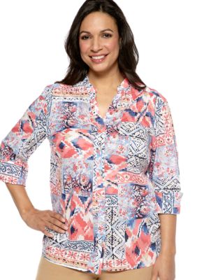 Alfred Dunner Plus Size Santorini Ikat Patch Printed Shirt