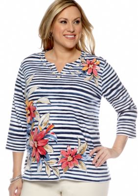 Alfred Dunner Plus Size Santorini Asymmetrical Floral Stripe Knit Top