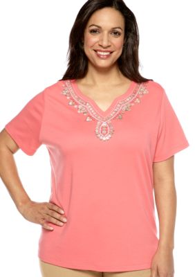 Alfred Dunner Plus Size Santorini Short Sleeve Beaded Yoke Knit Top