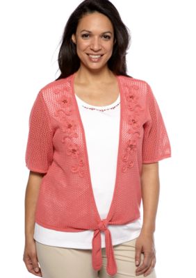 Alfred Dunner Plus Size Santorini Crochet Tie Front 2fer Sweater