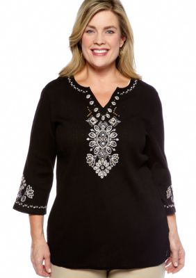 Alfred Dunner Plus Size Tribal Fusion Embellished Split Neck Tunic