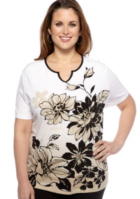 Alfred Dunner Plus Size Floral Border V-Neck Knit Top