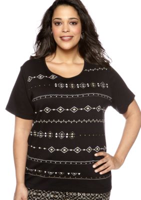 Alfred Dunner Plus Size Tribal Fusion Tribal Tile Crew Neck Tee