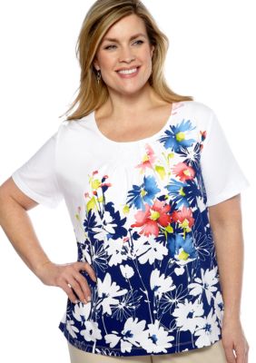 Alfred Dunner Plus Size Jet Setter Short Sleeve Floral Border Tee