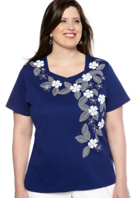 Alfred Dunner Plus Size Jet Setter Pinstripe Floral Knit Top
