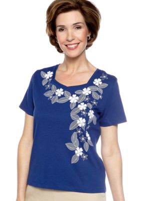 Alfred Dunner Petite Jet Setter Pinstripe Floral Knit Top
