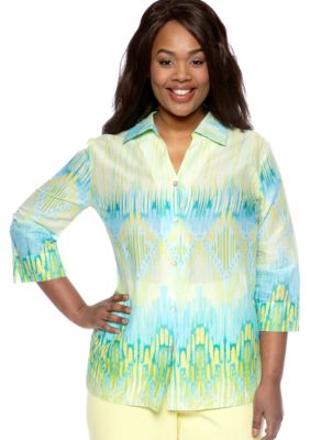 Alfred Dunner Plus Size Walking On Sunshine Ikat Printed Button Up Shirt
