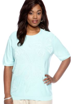 Alfred Dunner Plus Size Solid Butterfly Short Sleeve Sweater