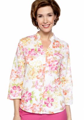 Alfred Dunner Laguna Beach Floral Print Embroidered Blouse