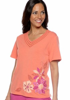 Alfred Dunner Laguna Beach V-Neck Floral Applique Tee