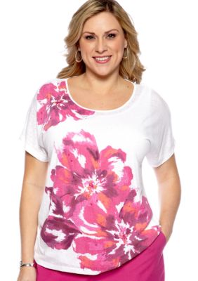 Alfred Dunner Plus Size Laguna Beach Placed Floral Burnout Tee
