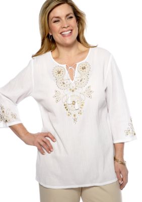 Alfred Dunner Plus Size Sahara Desert Embroidered Yoke Tunic