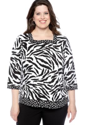 Alfred Dunner Plus Size French Riviera Square Neck Animal Print Knit Top
