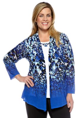 Alfred Dunner Plus Size French Riviera Embellished Neck Animal Print Layered Sweater