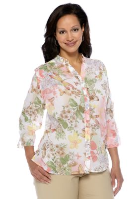 Alfred Dunner Plus Size Summer Haze Butterfly Button Up Blouse