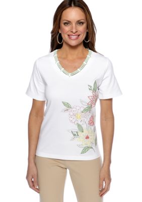Alfred Dunner Petite Summer Haze Floral Embroidered Gingham Trim Tee