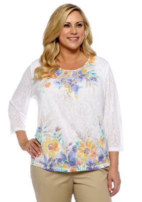 Alfred Dunner Plus Size Color Splash Floral Burnout Knit Top