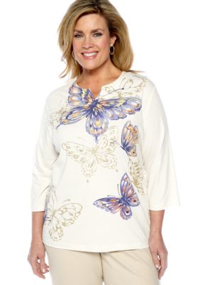Alfred Dunner Plus Size Color Splash Butterfly Split Neck Knit Top