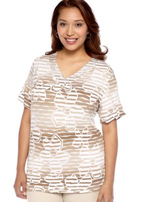Alfred Dunner Plus Size Color Splash Floral Stripe Knit Top