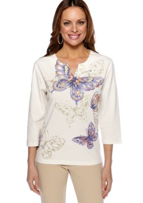 Alfred Dunner Petite Color Splash Butterfly Split Neck Knit Top