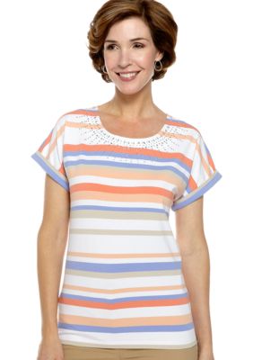 Alfred Dunner Petite Color Splash Stripe Rhinestone Tee