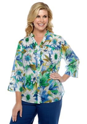Alfred Dunner Plus Size Cool Breeze Window Pane Floral Button Up Blouse