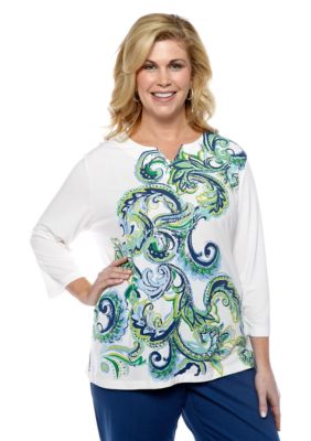 Alfred Dunner Plus Size Cool Breeze Vertical Scroll Print Split Neck Top