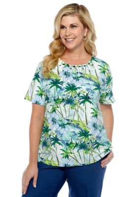 Alfred Dunner Plus Size Cool Breeze Palm Print Tee