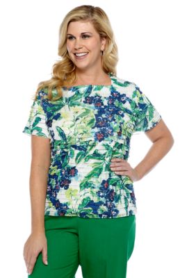 Alfred Dunner Plus Size Cool Breeze Tropical Print Eyelash Top