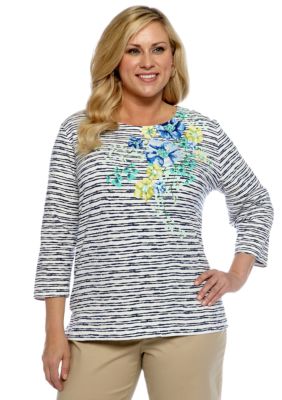 Alfred Dunner Plus Size Cool Breeze Floral Stripe Knit Top