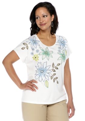 Alfred Dunner Plus Size Cool Breeze Embroidered Cap Sleeve Knit Top